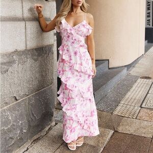 Little jc Boutique long white dress with pink flowers